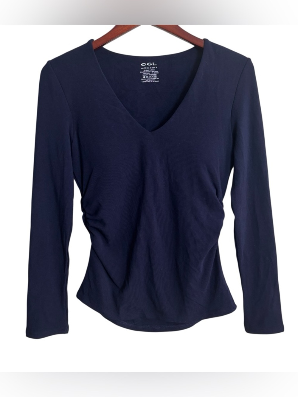 OGL Eco Mousse Mid Thermal V-Neck Ruched Sides Brami Top in Navy Blue Medium